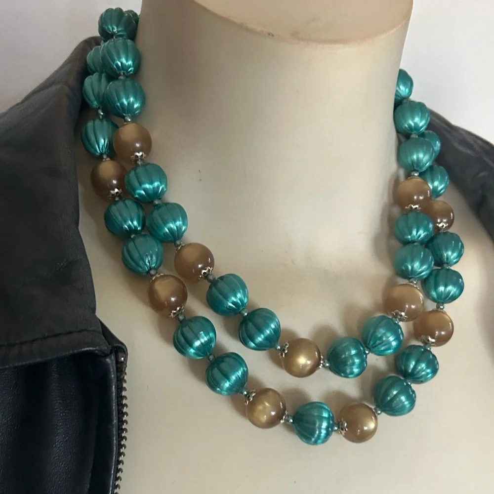 Vintage Double-Strand Green & Gold Bead Necklace